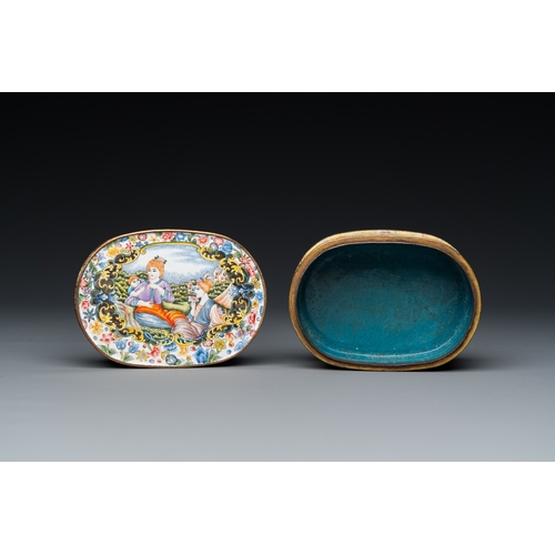 28 - A fine Beijing enamel oval snuff box and cover with European ladies, Qianlong mark and probably of t... 