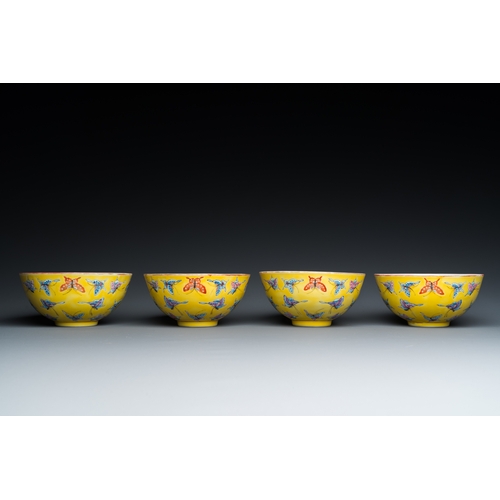 3 - Four Chinese famille rose yellow-ground 'butterfly' bowls, Tongzhi mark and of the periodDescription... 