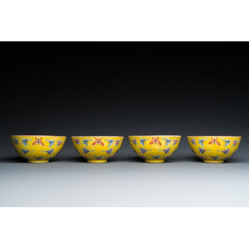 3 - Four Chinese famille rose yellow-ground 'butterfly' bowls, Tongzhi mark and of the periodDescription... 