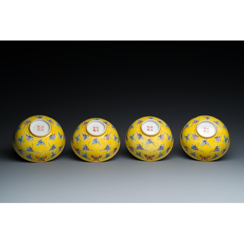 3 - Four Chinese famille rose yellow-ground 'butterfly' bowls, Tongzhi mark and of the periodDescription... 