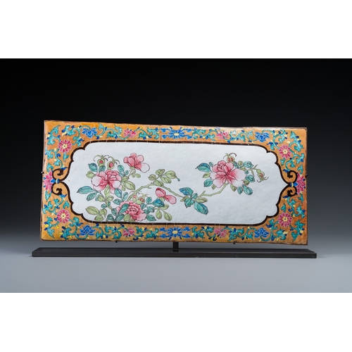 30 - A large rectangular Chinese gold-yellow-ground Canton enamel plaque with fine floral design, Yongzhe... 