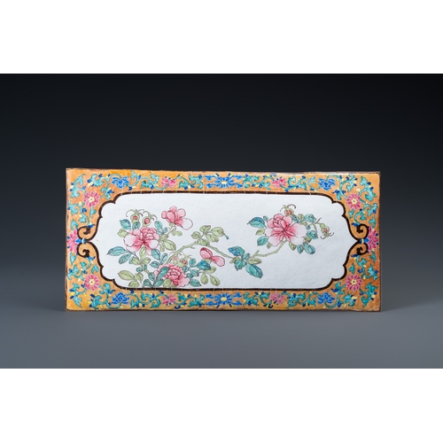 30 - A large rectangular Chinese gold-yellow-ground Canton enamel plaque with fine floral design, Yongzhe... 