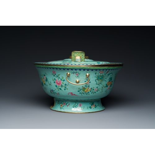 31 - A large Chinese green-ground Canton enamel warming bowl with floral design, 18th C.Description:Dia.:... 