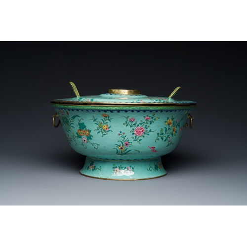 31 - A large Chinese green-ground Canton enamel warming bowl with floral design, 18th C.Description:Dia.:... 