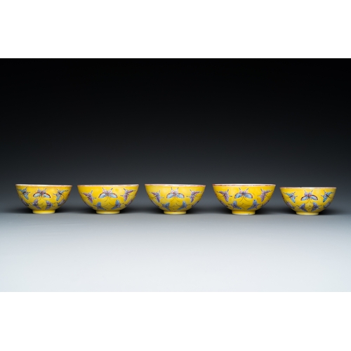 4 - Five Chinese famille rose yellow-ground 'butterfly' bowls, Tongzhi mark and of the periodDescription... 