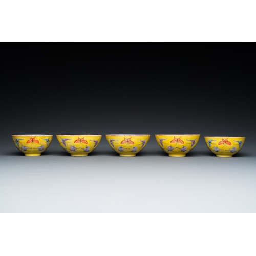 4 - Five Chinese famille rose yellow-ground 'butterfly' bowls, Tongzhi mark and of the periodDescription... 