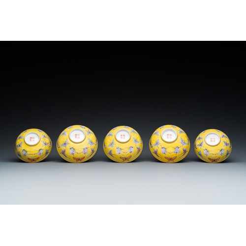 4 - Five Chinese famille rose yellow-ground 'butterfly' bowls, Tongzhi mark and of the periodDescription... 