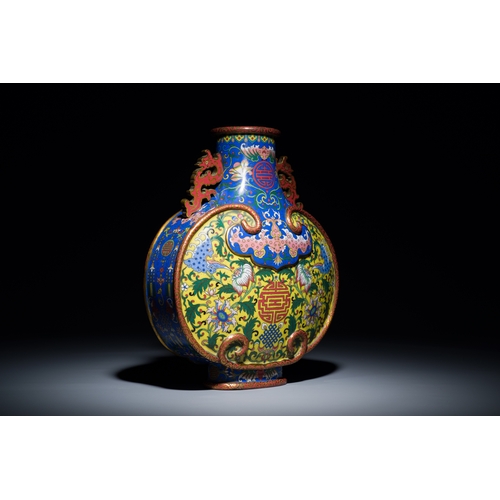 43 - A Chinese cloisonne moonflask vase or 'bianhu' with Shou-characters on a yellow and blue ground, Jia... 