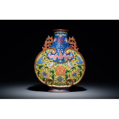 43 - A Chinese cloisonne moonflask vase or 'bianhu' with Shou-characters on a yellow and blue ground, Jia... 