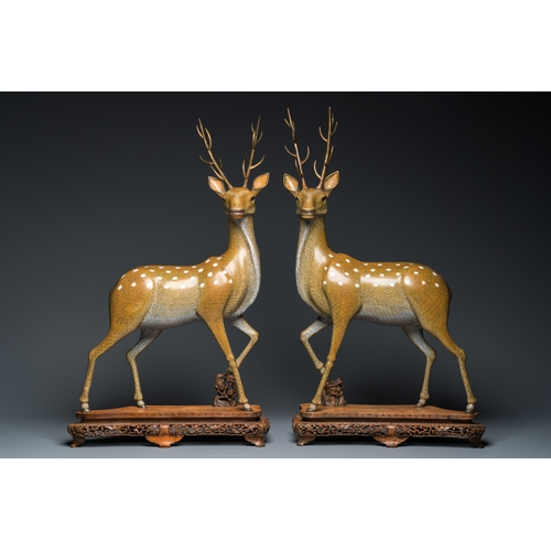 45 - A very fine and large pair of Chinese cloisonne models of deer on reticulated wooden stands, 19th C.... 