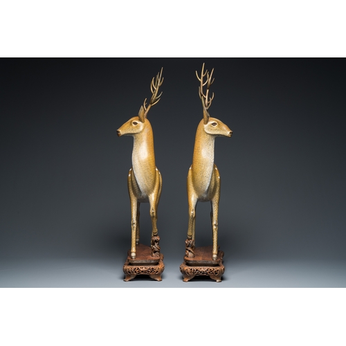 45 - A very fine and large pair of Chinese cloisonne models of deer on reticulated wooden stands, 19th C.... 