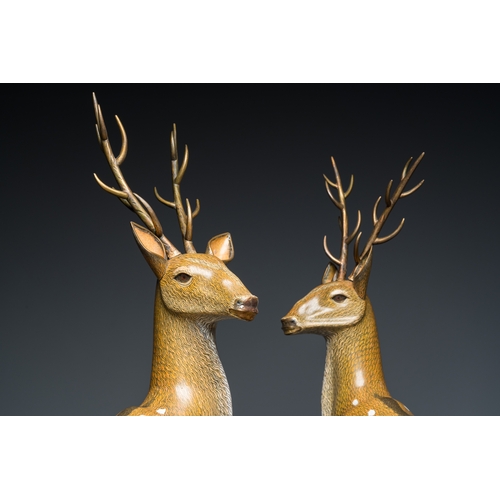 45 - A very fine and large pair of Chinese cloisonne models of deer on reticulated wooden stands, 19th C.... 