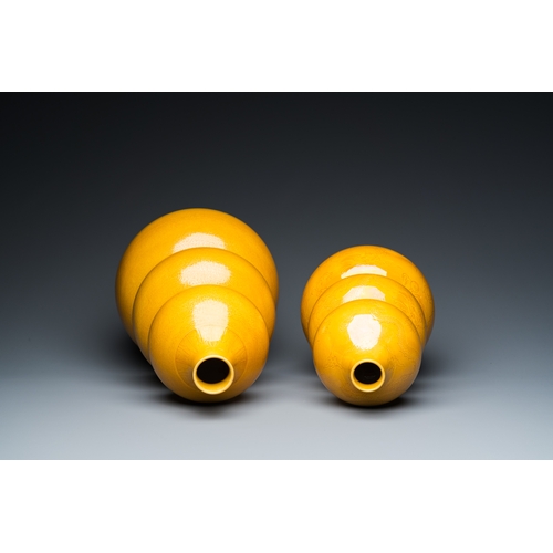 5 - Two Chinese monochrome yellow-glazed triple gourd vases with incised designs of lotus scrolls and dr... 