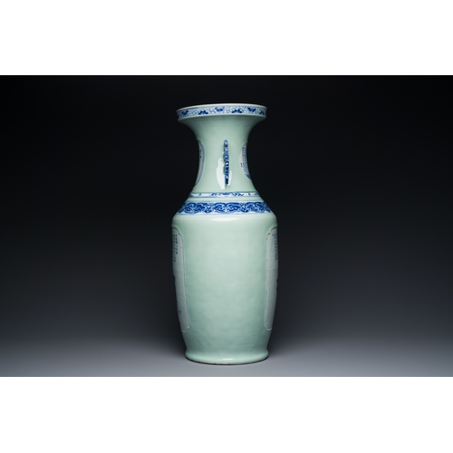 52 - A rare Chinese blue and white celadon-ground 'Wu Shuang Pu' vase, 19th C.Description:H.: 60,5 cmCond... 