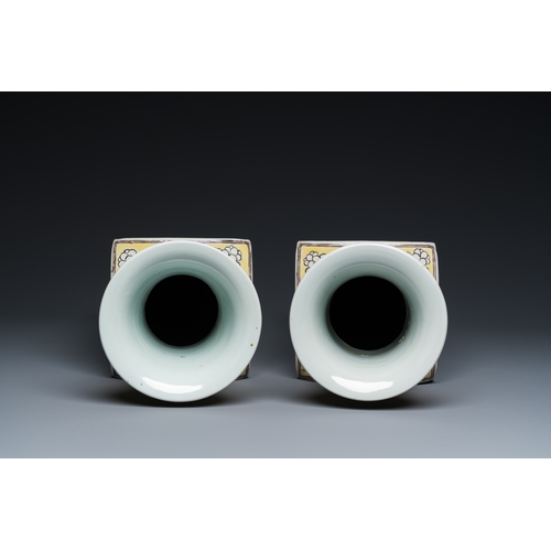 6 - A pair of Chinese square yellow-ground famille verte vases, Kangxi mark, 19th C.Description:H.: 51 c... 