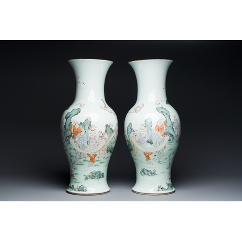 62 - A fine pair of Chinese famille rose vases with a musician playing the qin, Qianlong mark, RepublicDe... 