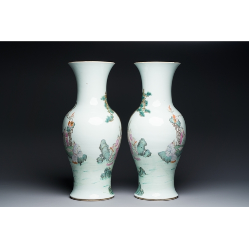 62 - A fine pair of Chinese famille rose vases with a musician playing the qin, Qianlong mark, RepublicDe... 