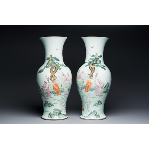 62 - A fine pair of Chinese famille rose vases with a musician playing the qin, Qianlong mark, RepublicDe... 