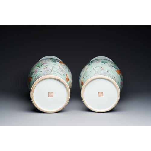 62 - A fine pair of Chinese famille rose vases with a musician playing the qin, Qianlong mark, RepublicDe... 