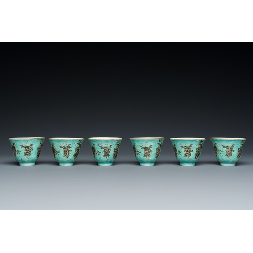 75 - Twelve Chinese turquoise-ground grisaille-decorated Dayazhai wine cups, Yong Qing Chang Chun æ°¸æ¶é... 