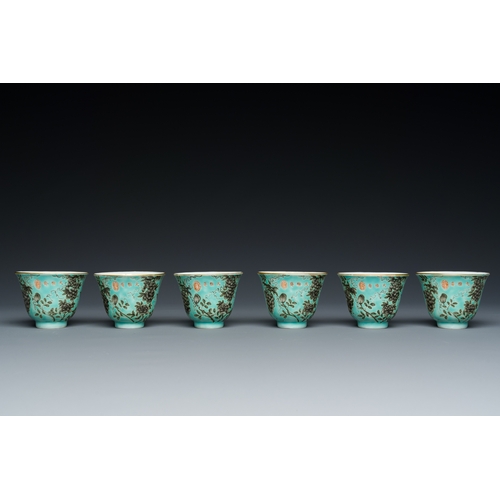 75 - Twelve Chinese turquoise-ground grisaille-decorated Dayazhai wine cups, Yong Qing Chang Chun æ°¸æ¶é... 