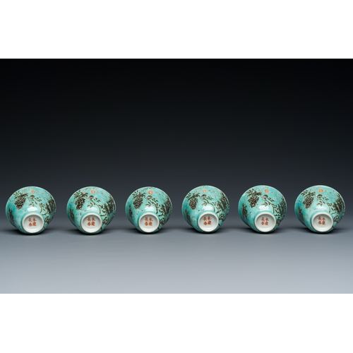 75 - Twelve Chinese turquoise-ground grisaille-decorated Dayazhai wine cups, Yong Qing Chang Chun æ°¸æ¶é... 