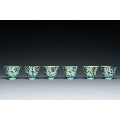 75 - Twelve Chinese turquoise-ground grisaille-decorated Dayazhai wine cups, Yong Qing Chang Chun æ°¸æ¶é... 