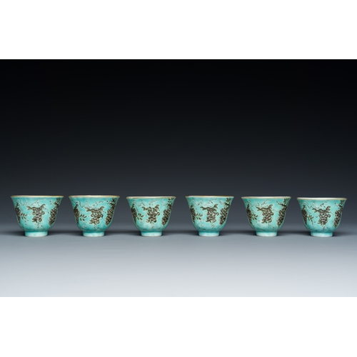 75 - Twelve Chinese turquoise-ground grisaille-decorated Dayazhai wine cups, Yong Qing Chang Chun æ°¸æ¶é... 