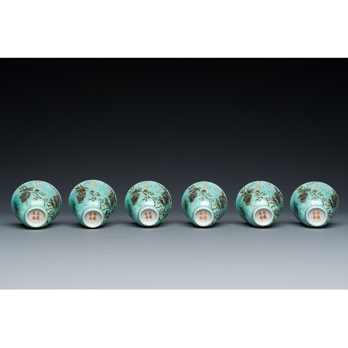 75 - Twelve Chinese turquoise-ground grisaille-decorated Dayazhai wine cups, Yong Qing Chang Chun æ°¸æ¶é... 