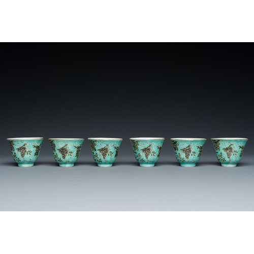 75 - Twelve Chinese turquoise-ground grisaille-decorated Dayazhai wine cups, Yong Qing Chang Chun æ°¸æ¶é... 