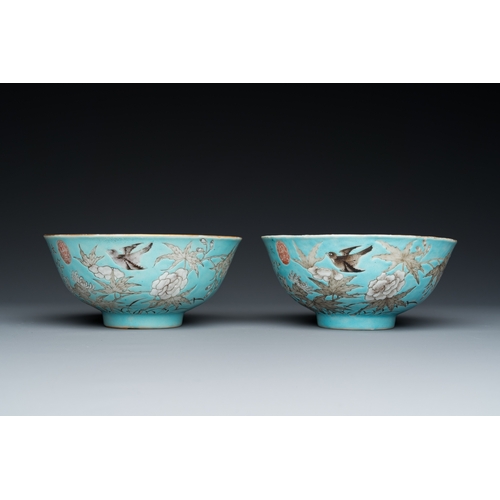 76 - Two Chinese turquoise-ground grisaille-decorated Dayazhai bowls, Yong Qing Chang Chun mark, GuangxuD... 