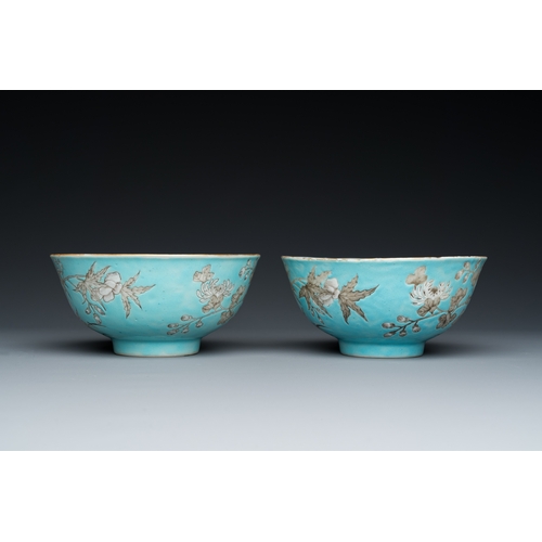 76 - Two Chinese turquoise-ground grisaille-decorated Dayazhai bowls, Yong Qing Chang Chun mark, GuangxuD... 