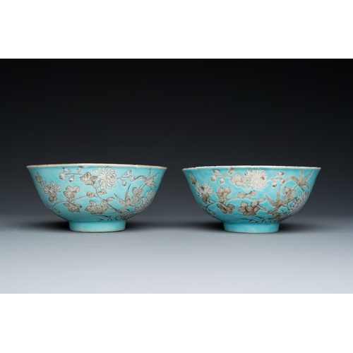 76 - Two Chinese turquoise-ground grisaille-decorated Dayazhai bowls, Yong Qing Chang Chun mark, GuangxuD... 