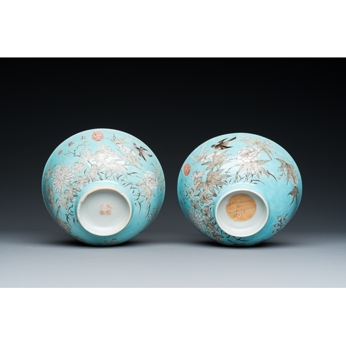 76 - Two Chinese turquoise-ground grisaille-decorated Dayazhai bowls, Yong Qing Chang Chun mark, GuangxuD... 