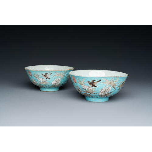 76 - Two Chinese turquoise-ground grisaille-decorated Dayazhai bowls, Yong Qing Chang Chun mark, GuangxuD... 