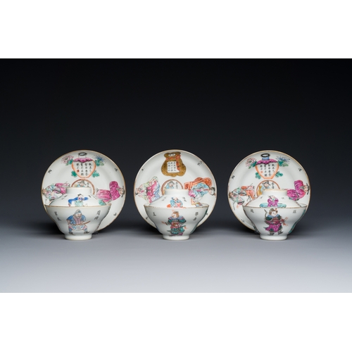 78 - Three Chinese famille rose 'Wu Shuang Pu' covered cups and saucers, Tongzhi mark and of the periodDe... 