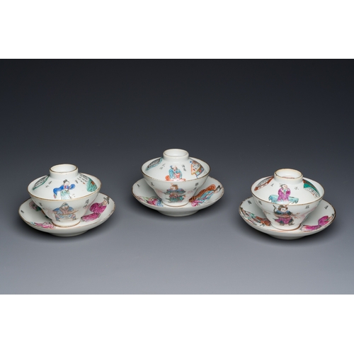 78 - Three Chinese famille rose 'Wu Shuang Pu' covered cups and saucers, Tongzhi mark and of the periodDe... 