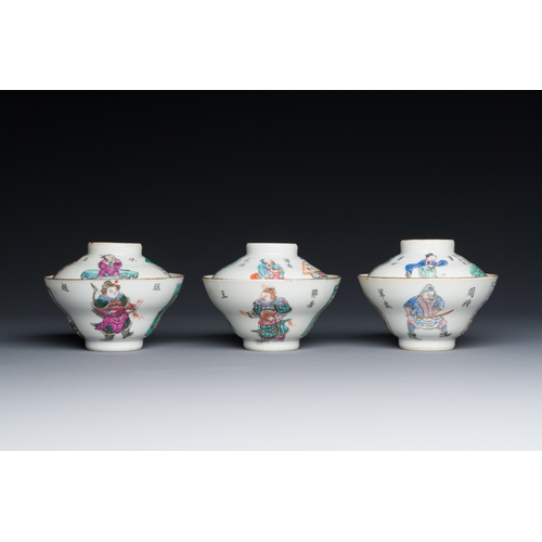 78 - Three Chinese famille rose 'Wu Shuang Pu' covered cups and saucers, Tongzhi mark and of the periodDe... 