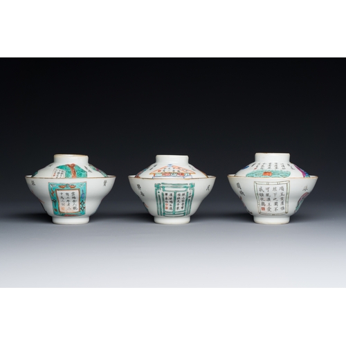 78 - Three Chinese famille rose 'Wu Shuang Pu' covered cups and saucers, Tongzhi mark and of the periodDe... 