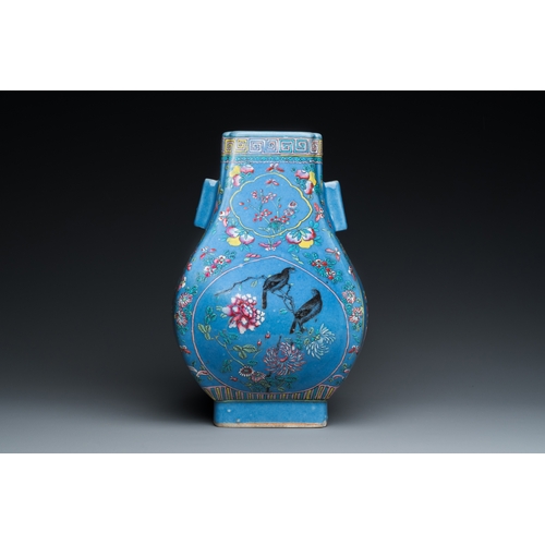 79 - A Chinese 'fanghu' vase with overglaze famille rose enamels on a blue ground, Guangxu mark and of th... 