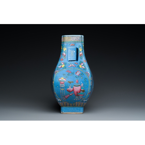 79 - A Chinese 'fanghu' vase with overglaze famille rose enamels on a blue ground, Guangxu mark and of th... 