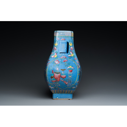 79 - A Chinese 'fanghu' vase with overglaze famille rose enamels on a blue ground, Guangxu mark and of th... 