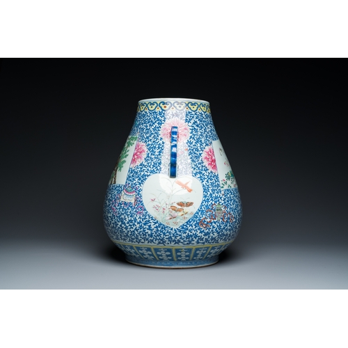 86 - A large Chinese doucai-rose 'hu' vase with butterflies and birds, Qianlong mark but probably laterDe... 