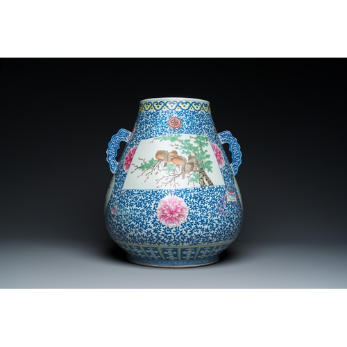 86 - A large Chinese doucai-rose 'hu' vase with butterflies and birds, Qianlong mark but probably laterDe... 