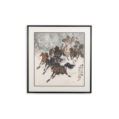 88 - Ma Xinle é¦¬æ¬£æ¨ (1963-): 'Twelve horses in the snow', ink and colour on paper, dated 1993Descript... 