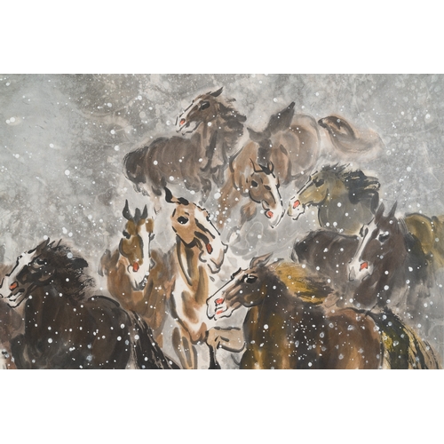 88 - Ma Xinle é¦¬æ¬£æ¨ (1963-): 'Twelve horses in the snow', ink and colour on paper, dated 1993Descript... 