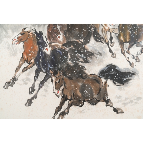 88 - Ma Xinle é¦¬æ¬£æ¨ (1963-): 'Twelve horses in the snow', ink and colour on paper, dated 1993Descript... 