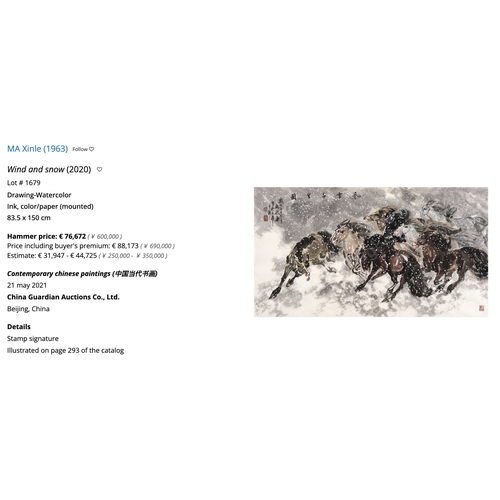 88 - Ma Xinle é¦¬æ¬£æ¨ (1963-): 'Twelve horses in the snow', ink and colour on paper, dated 1993Descript... 