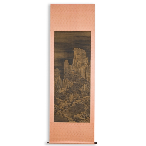 97 - Chinese school: 'Mountainous landscape', ink and colour on silk, MingDescription:Dim.: 257 x 82,5 cm... 