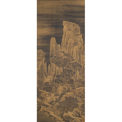 97 - Chinese school: 'Mountainous landscape', ink and colour on silk, MingDescription:Dim.: 257 x 82,5 cm... 